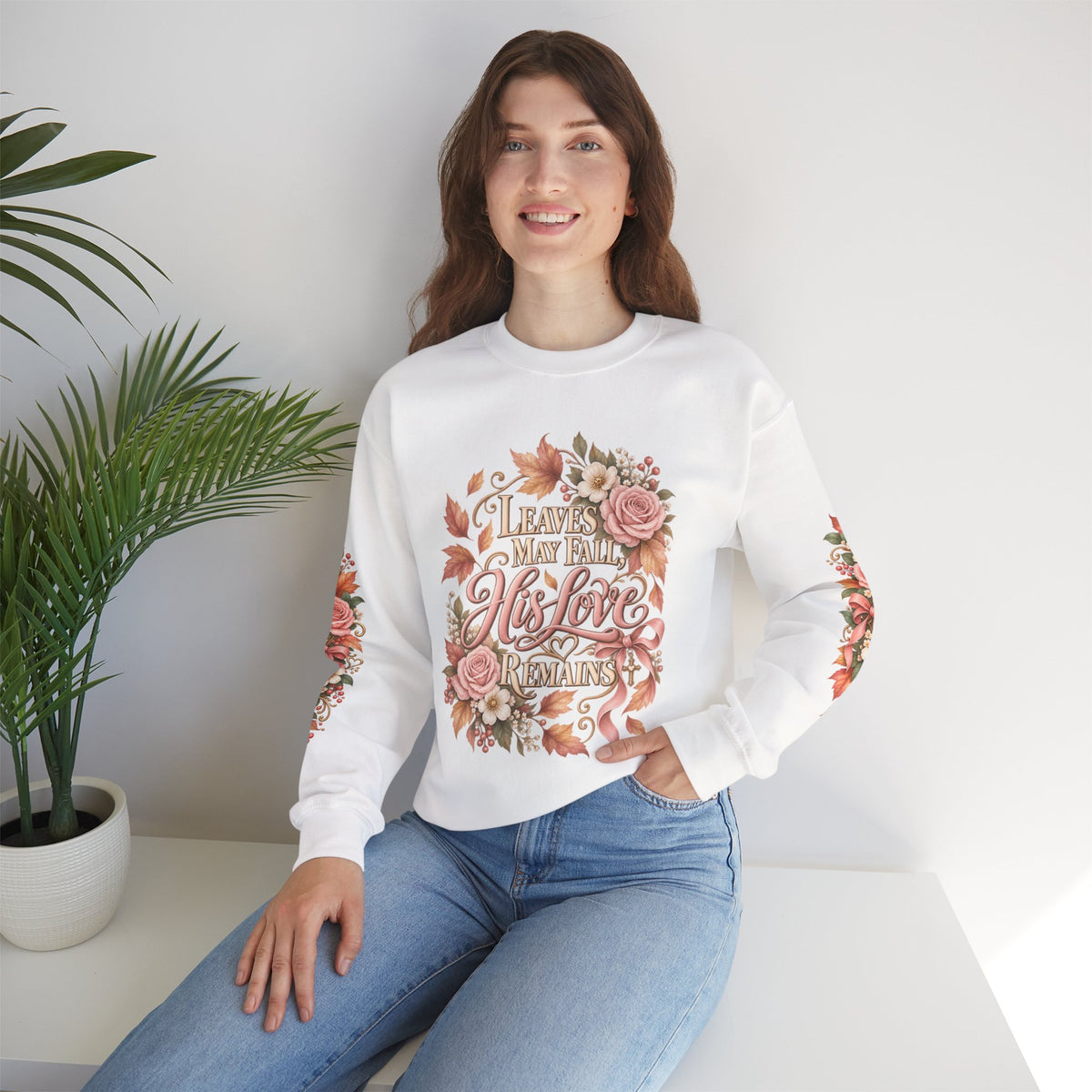 Leaves May Fall His Love Remains sweatshirt in white lifestyle view