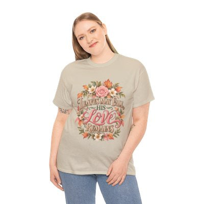 Woman wearing the Leaves May Fall His Love Remains T-shirt in sand