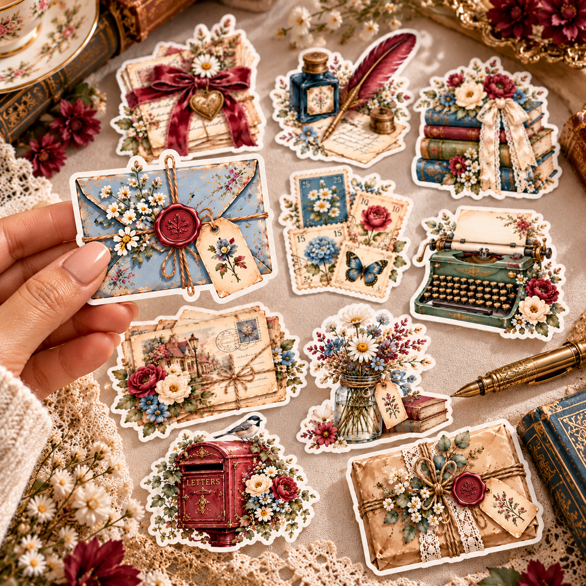 Hand holding blue wax-sealed letter sticker with nine other vintage correspondence watercolor stickers on ivory linen