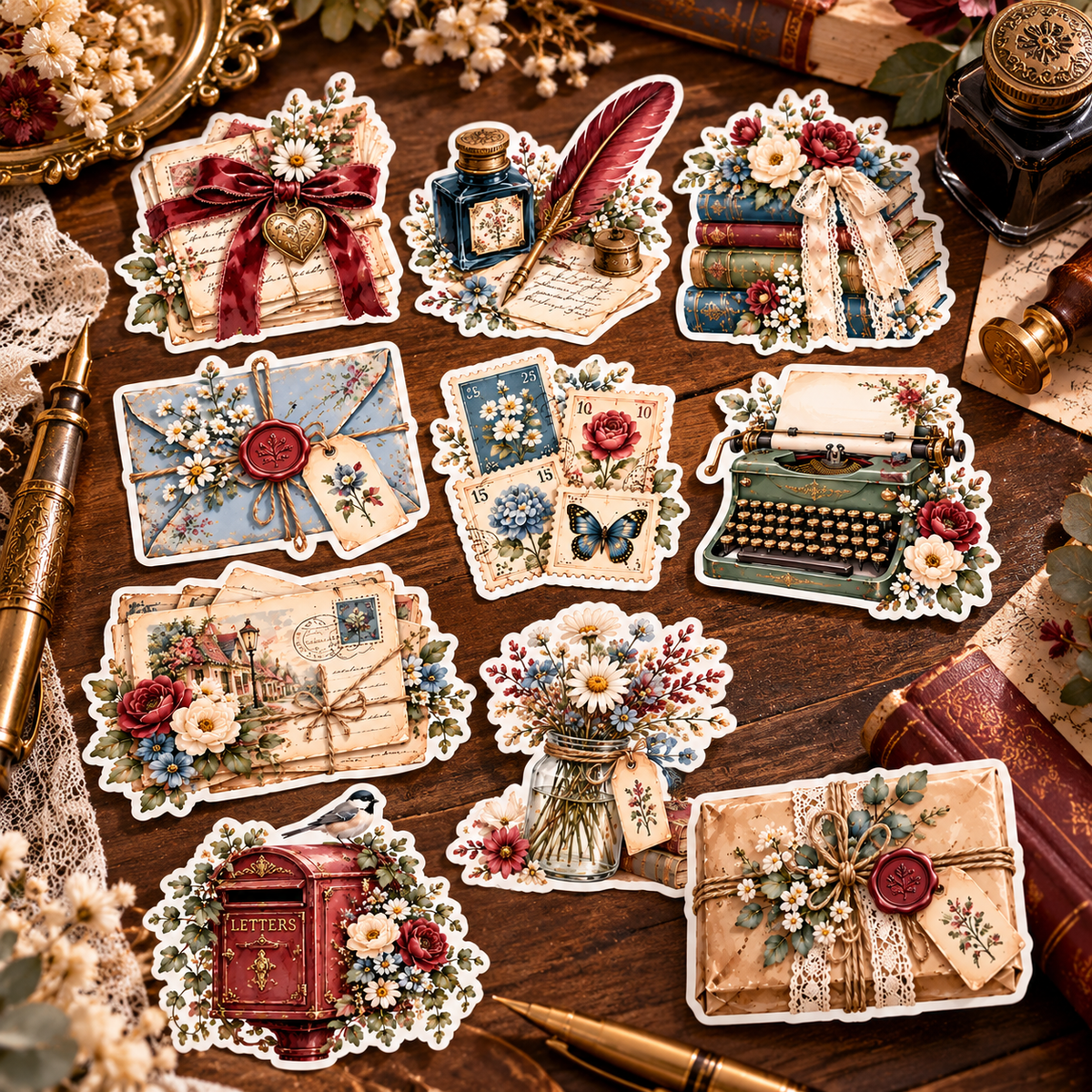 Letters & Lovely Things 10 individual watercolor stickers displayed on antique oak writing desk