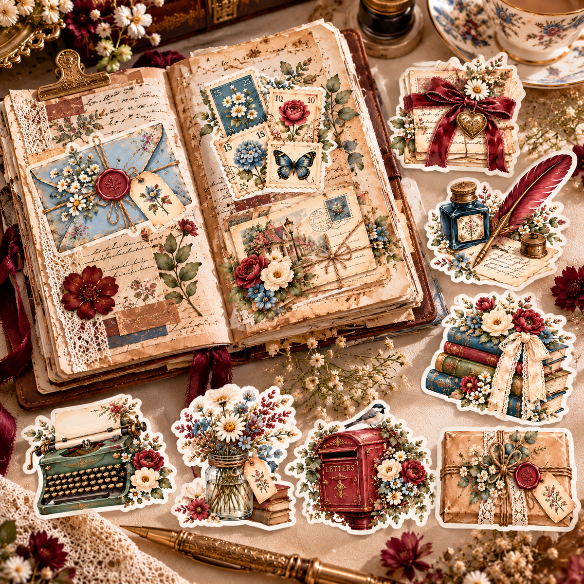 Letters & Lovely Things stickers decorating a vintage junk journal and laid separately on an antique writing desk