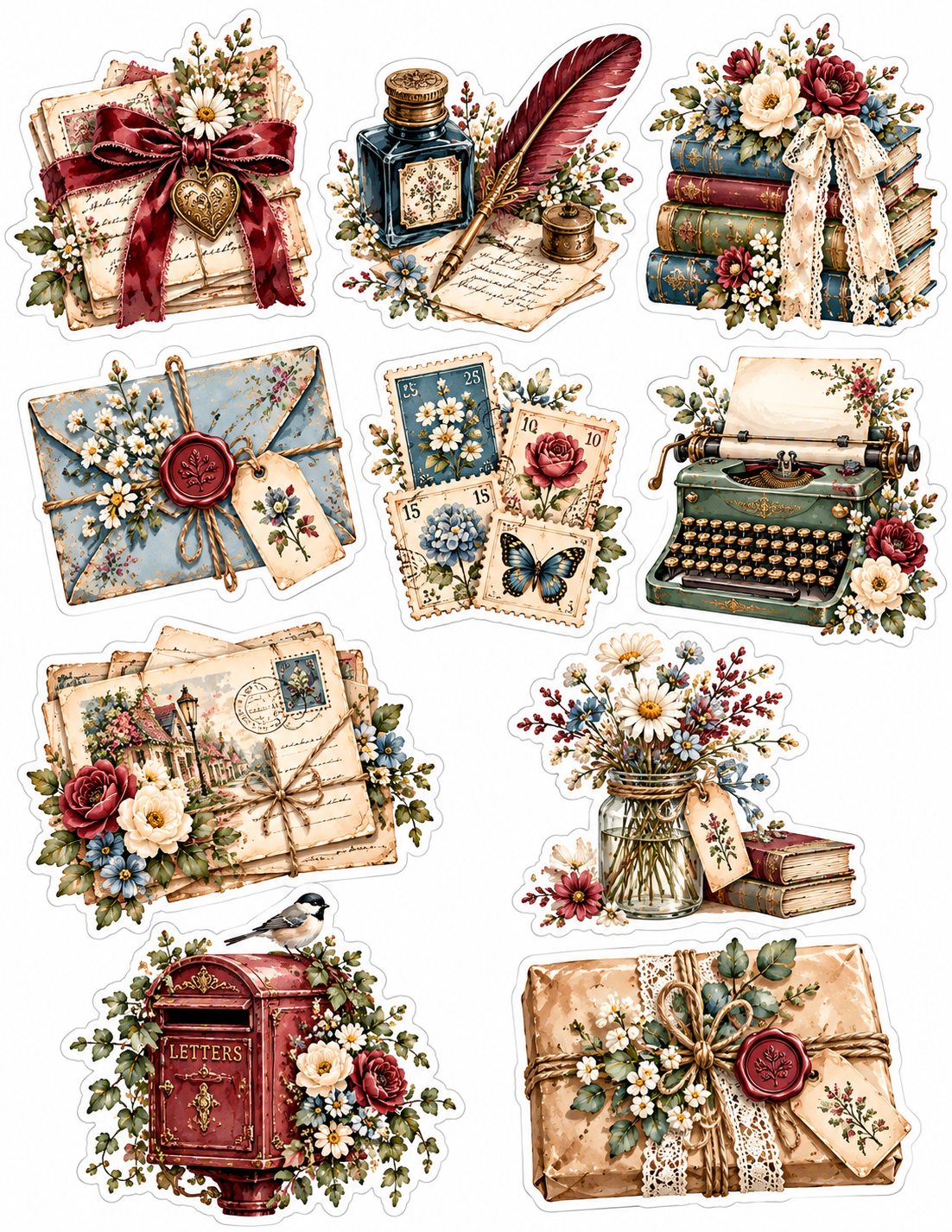 Letters & Lovely Things ten watercolor die-cut sticker designs on pure white portrait background with separate cutting borders
