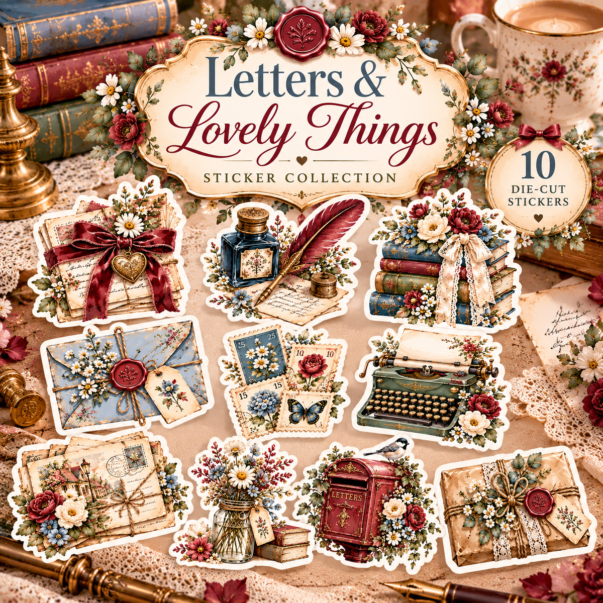 Letters & Lovely Things square collection cover with vintage letters, botanical postage stamps, burgundy mailbox and blue wax-sealed envelope