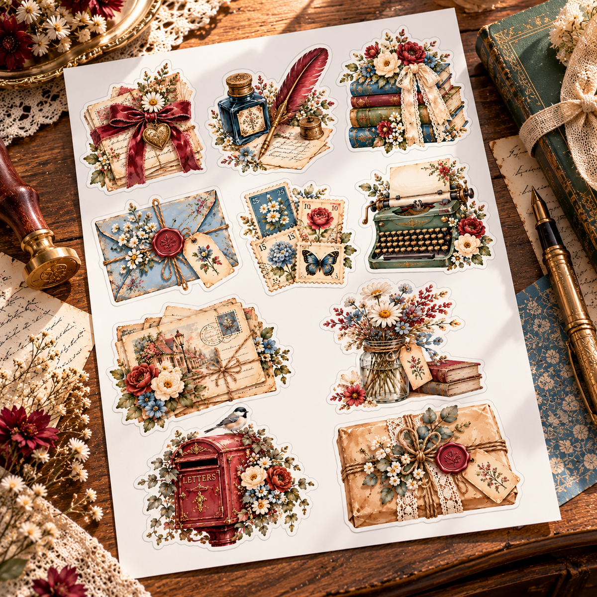 Complete Letters & Lovely Things ten-sticker sheet displayed flat on antique writing desk with stationery props