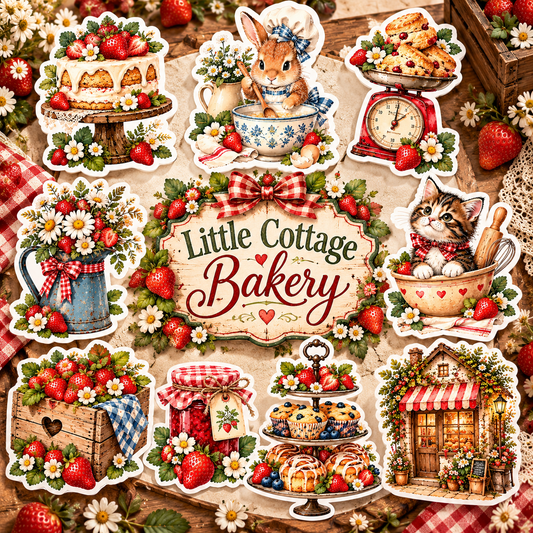 Little Cottage Bakery nine-design watercolor sticker collection square cover featuring approved kitten bunny baker strawberry cake jam and cottage shop