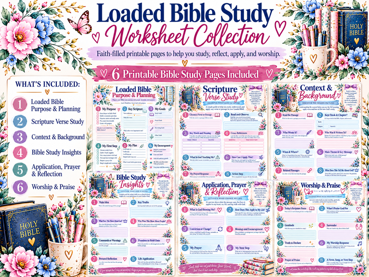 Loaded Bible Study Worksheet Collection, six actual included study pages illustrated