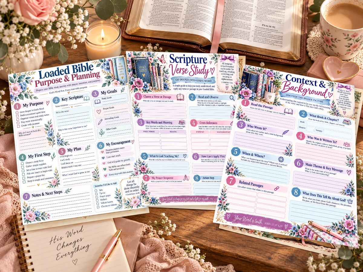 Loaded Bible Purpose and Planning, Scripture Verse Study, and Context and Background actual printed worksheets on study desk
