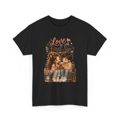 Love at First Sip romantic coffee T-shirt in black