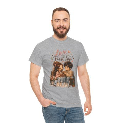 Model wearing Love at First Sip T-shirt in sport gray