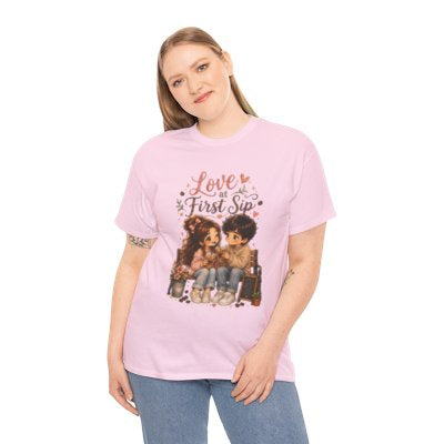 Model wearing Love at First Sip T-shirt in light pink