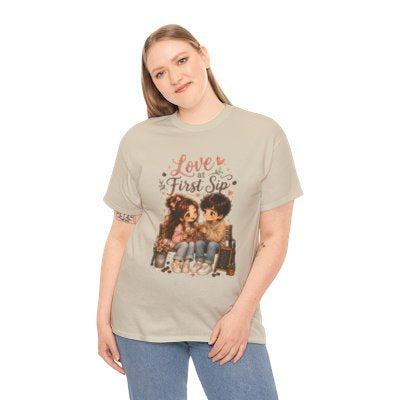 Model wearing Love at First Sip T-shirt in sand