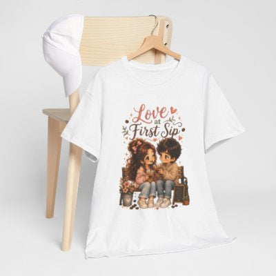 Lifestyle mockup of Love at First Sip T-shirt in white