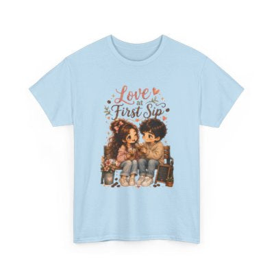 Love at First Sip romantic coffee T-shirt in light blue