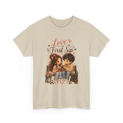 Love at First Sip romantic coffee T-shirt in sand