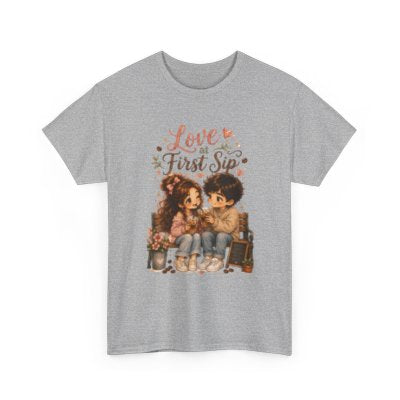 Love at First Sip romantic coffee T-shirt in sport gray