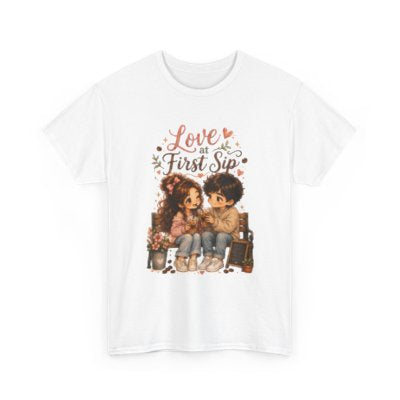 Love at First Sip romantic coffee T-shirt in white