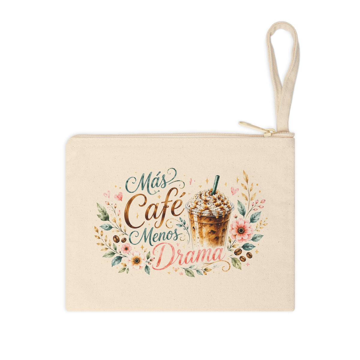Front view of Más Café Menos Drama canvas wristlet pouch featuring iced coffee, pink flowers, leaves and coffee beans.
