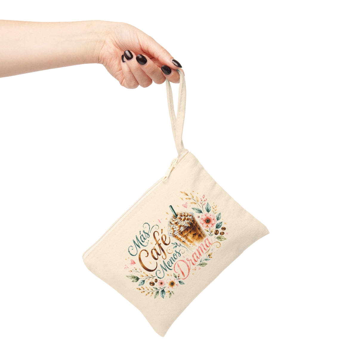 Más Café Menos Drama canvas wristlet pouch shown hanging by its wrist strap with a floral iced coffee design.