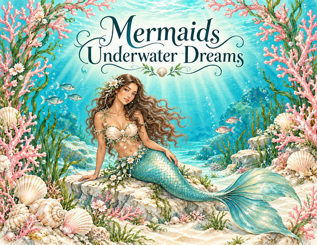 Mermaids Underwater Dreams printed paper kit cover in turquoise water and blush coral