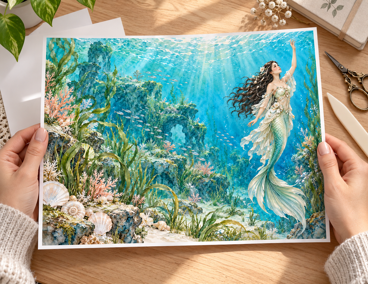 Crafter holding a printed Mermaids Underwater Dreams page with a mermaid on the right