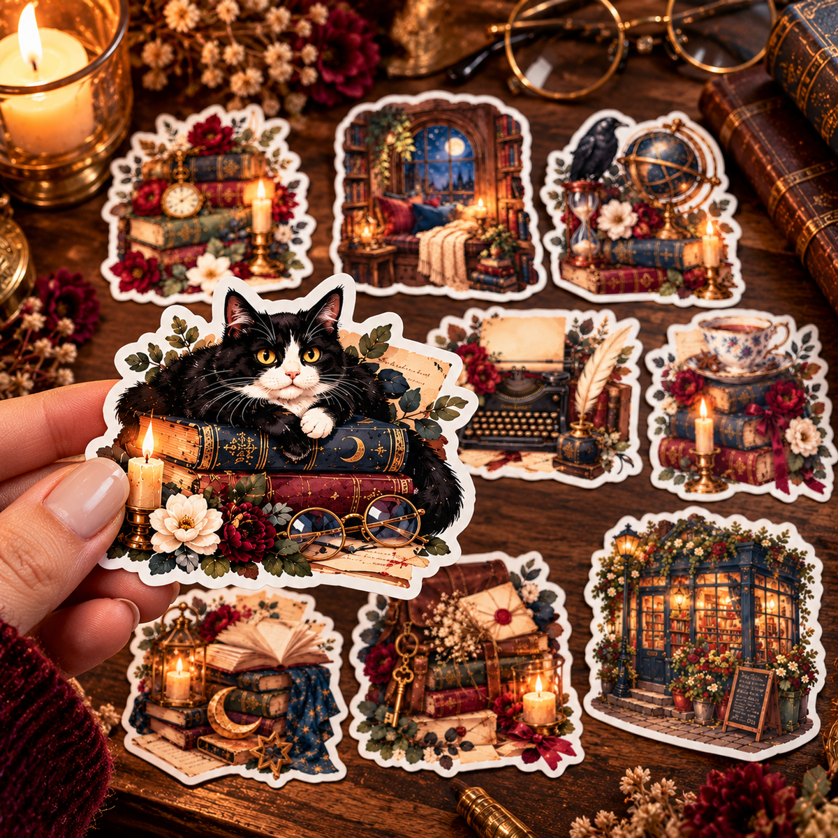 Hand holding individually cut tuxedo cat Midnight Library sticker with eight other stickers on desk