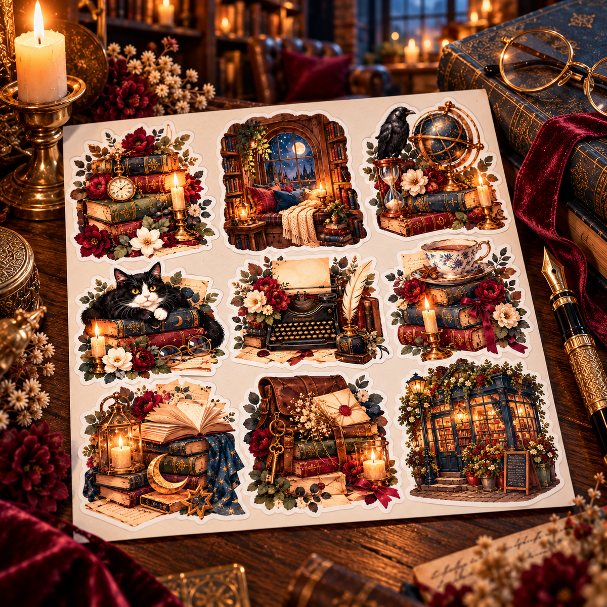 Midnight Library original square nine-sticker sheet on antique library desk surrounded by candlelight and stationery