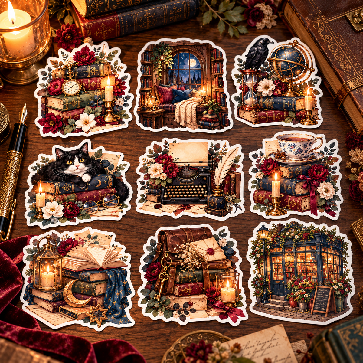 Nine separate Midnight Library dark academia stickers on an antique walnut library writing desk