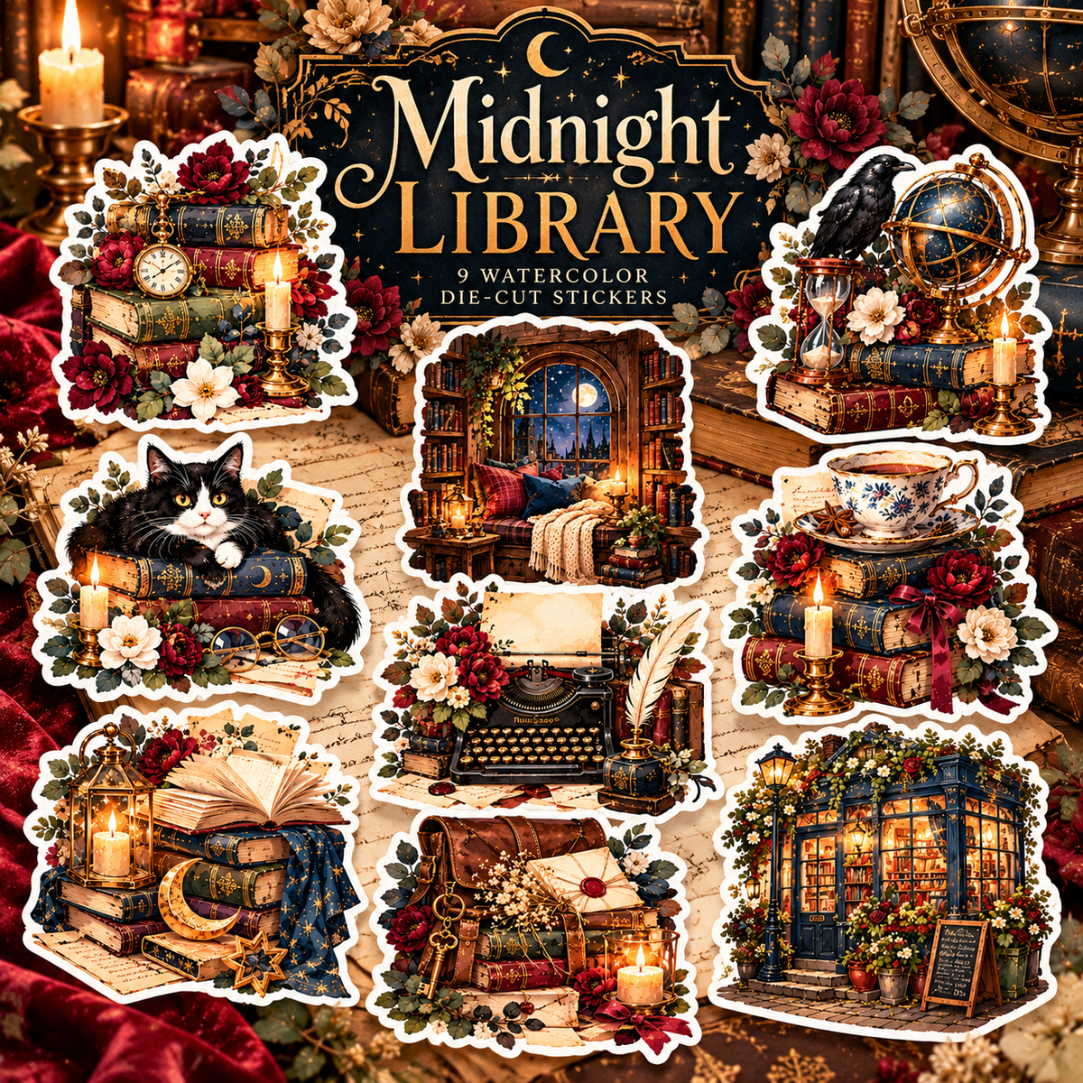 Midnight Library square cover: 9 dark academia watercolor die-cut stickers with title, candles, moonlit library, raven, and tuxedo cat