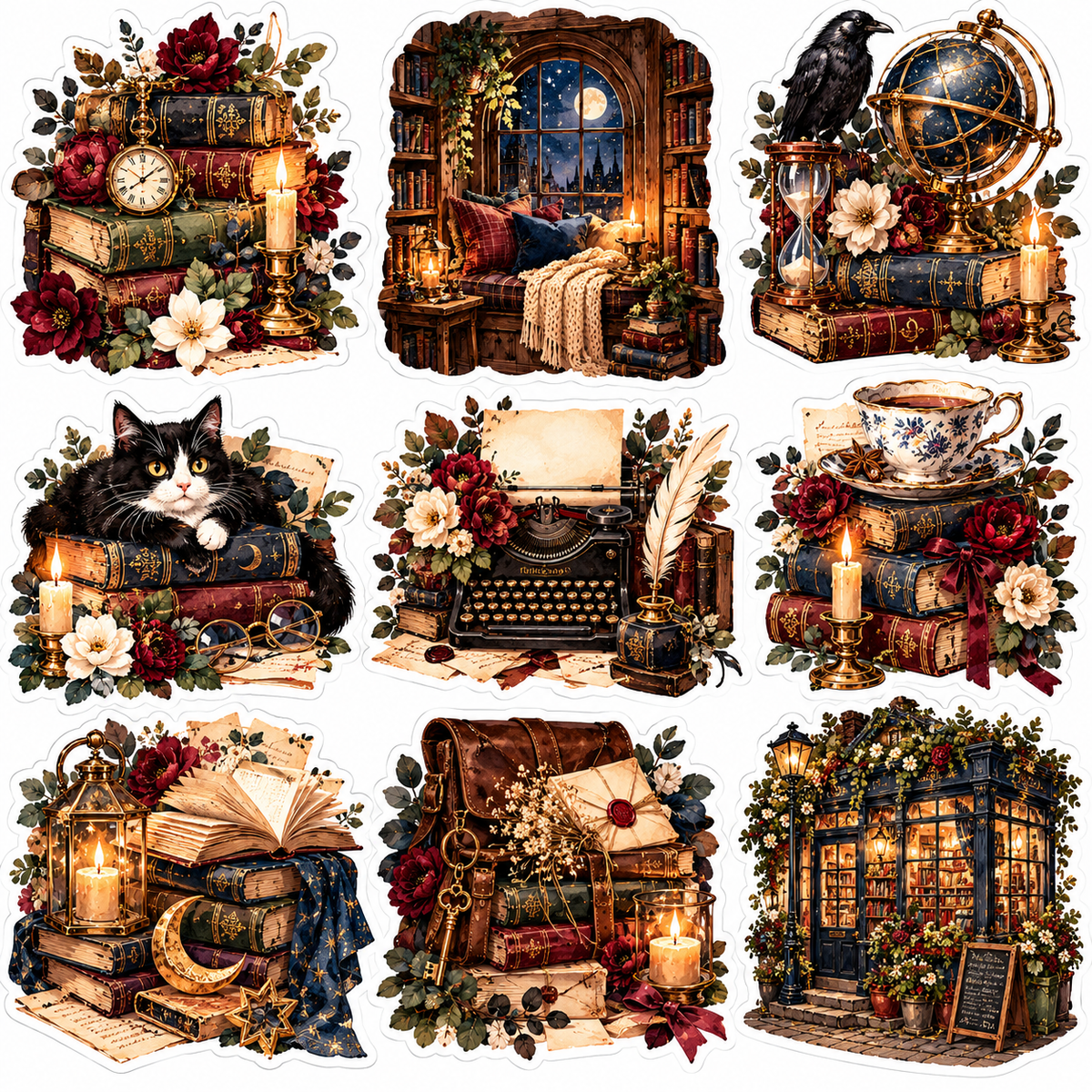 All nine approved Midnight Library watercolor sticker designs separately arranged on white with die-cut borders