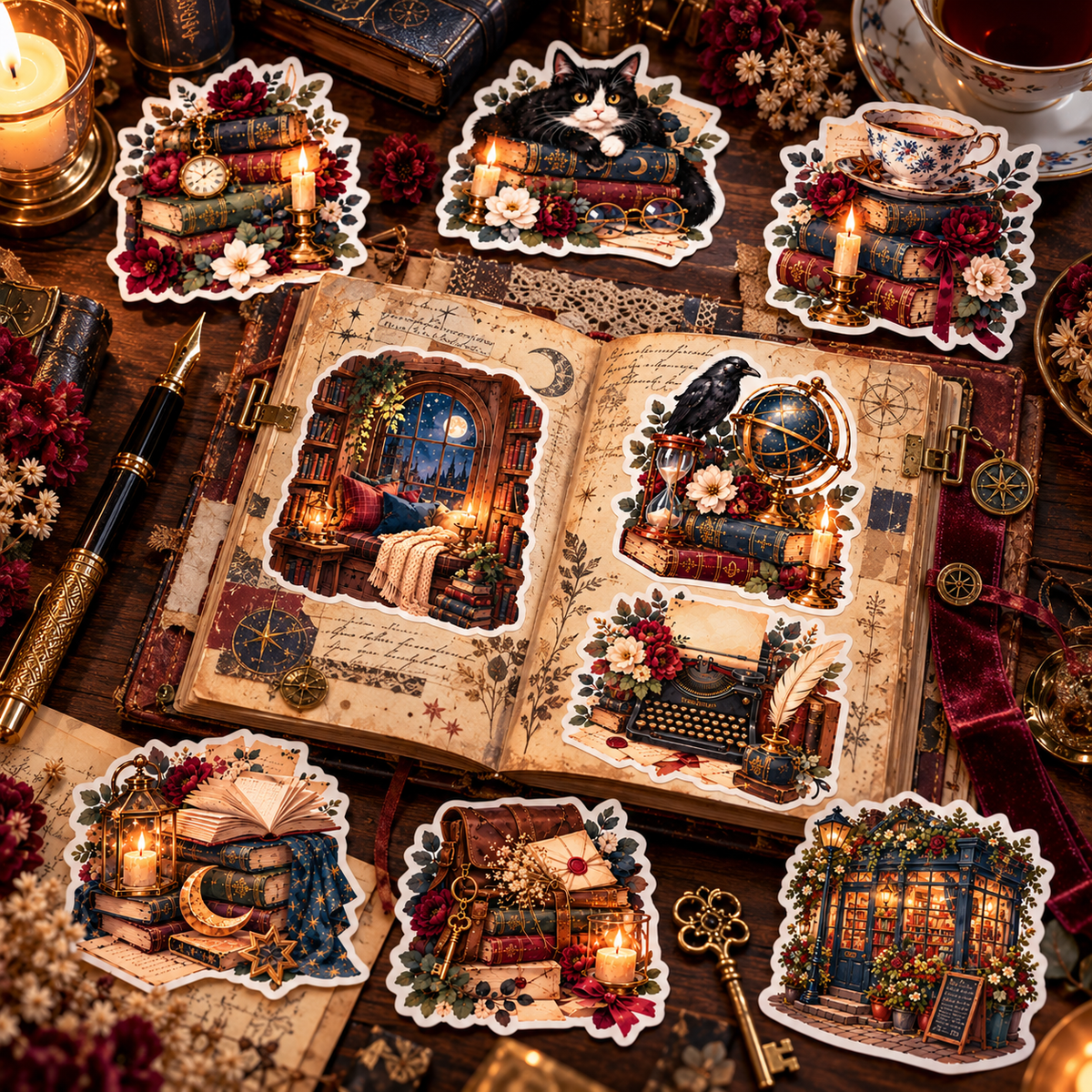 Midnight Library die-cut stickers decorating an aged dark academia junk journal and scattered around it