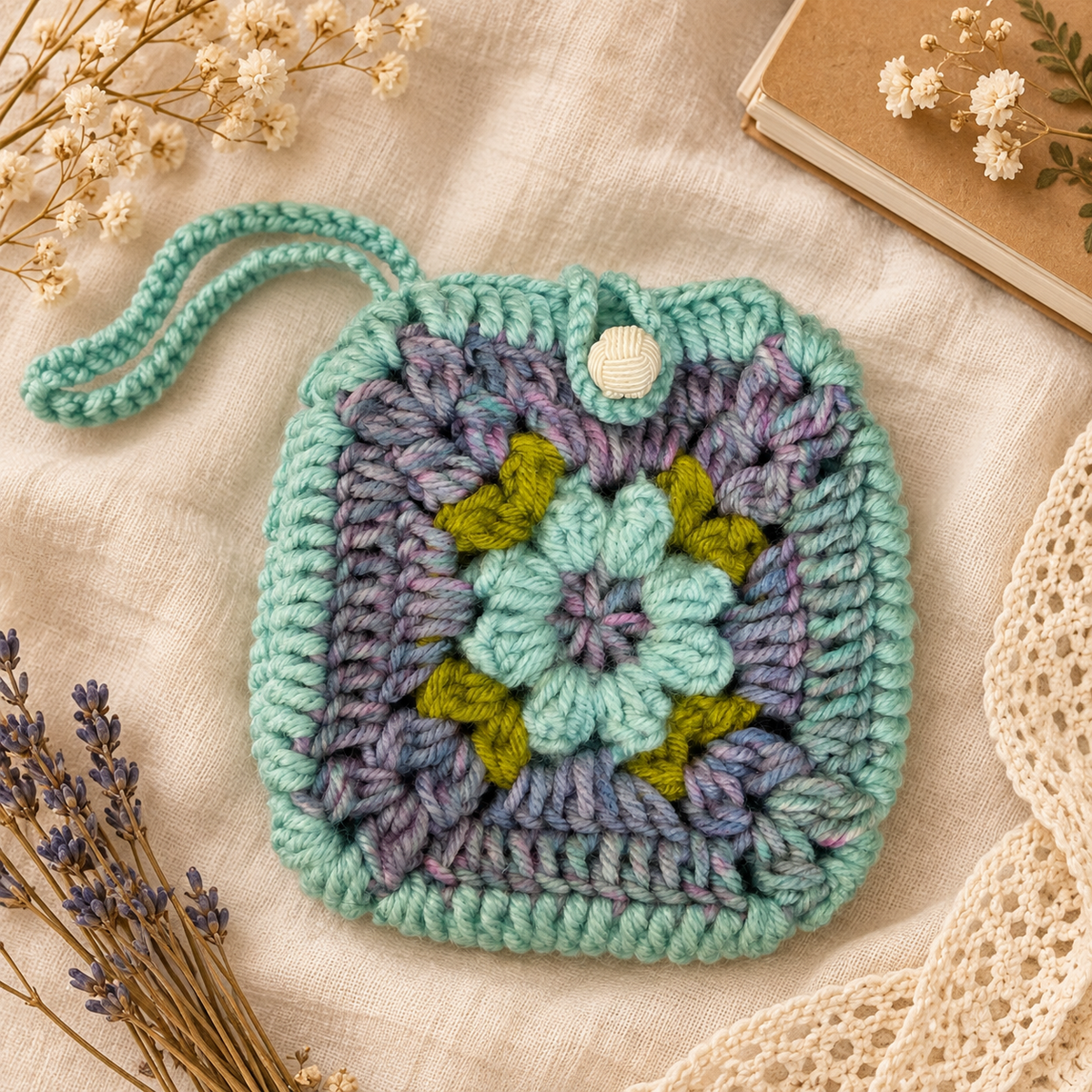 Mint floral crochet pouch in a styled flat lay