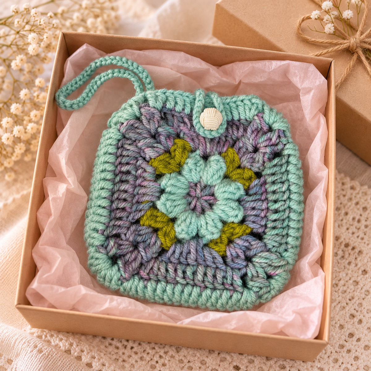 Mint floral crochet pouch presented in a gift box