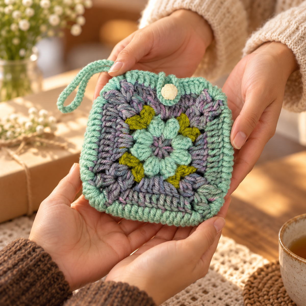 Mint floral crochet pouch being handed as a gift