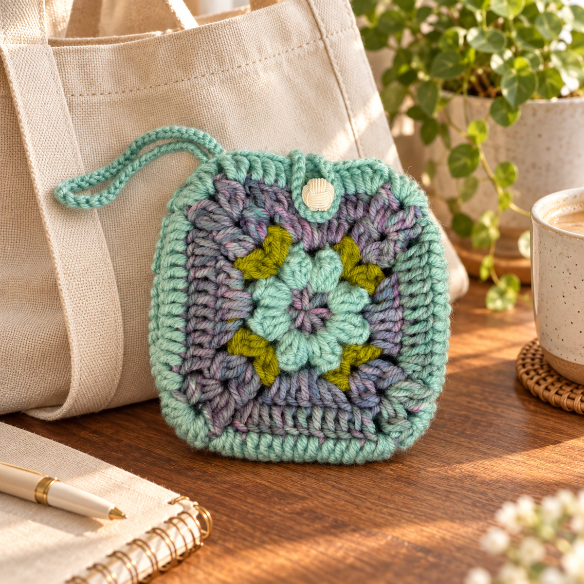 Mint floral crochet pouch beside a neutral canvas tote bag