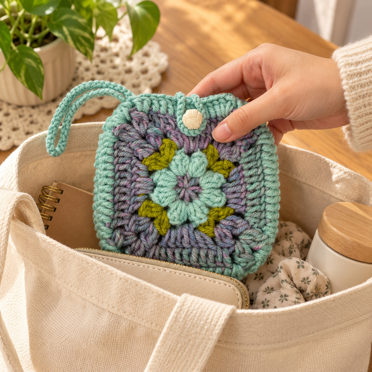 Mint floral crochet pouch being placed into a canvas tote bag