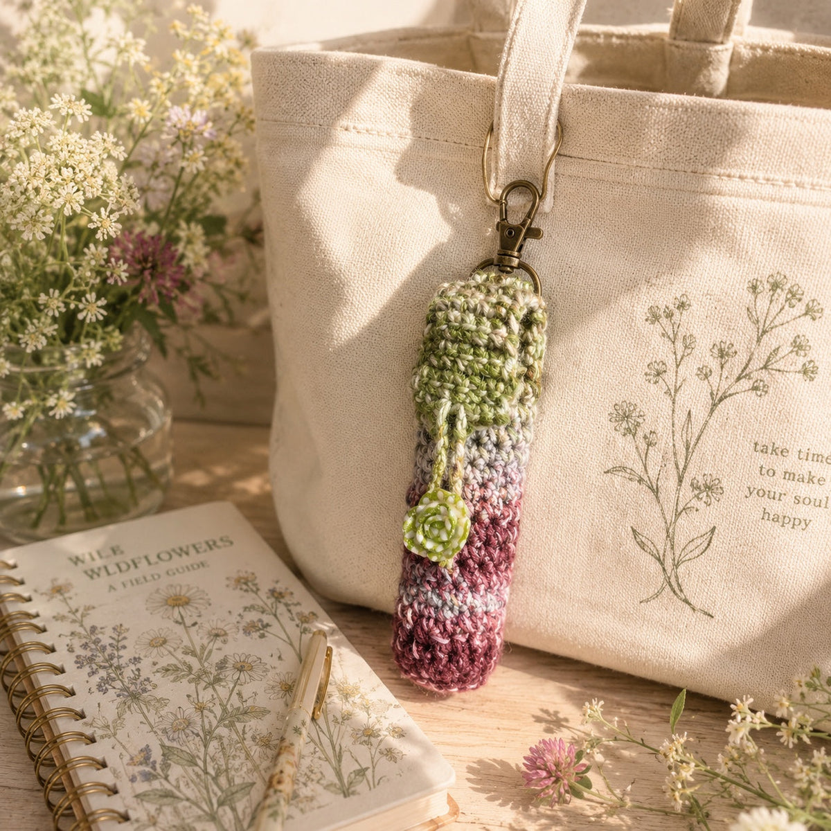 Moss Garden handmade crochet lip gloss holder keychain lifestyle mockup