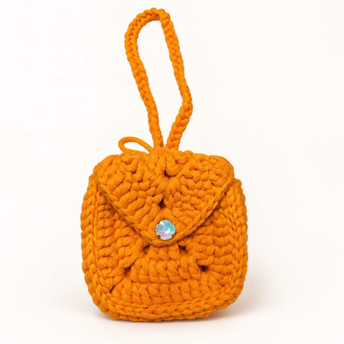 Bright orange handmade crochet mini wristlet pouch front view