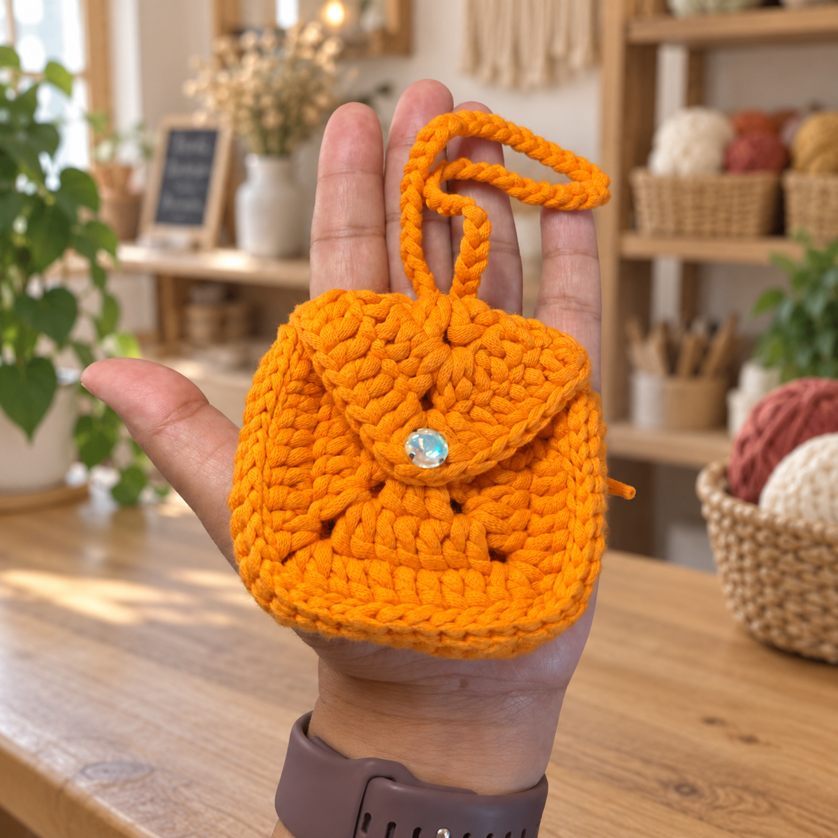 Bright orange handmade crochet mini wristlet pouch shown in hand for size