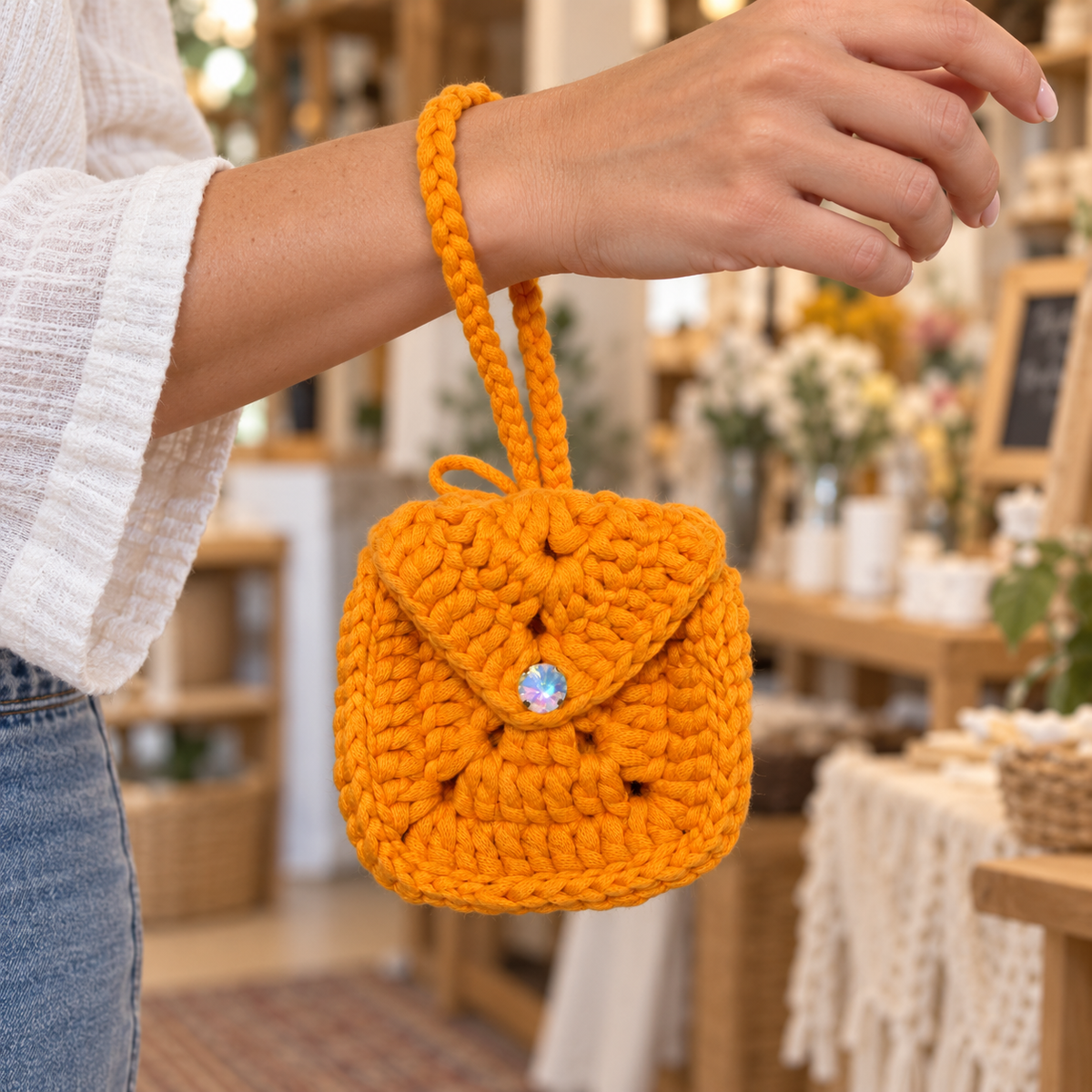Bright orange handmade crochet mini wristlet pouch carried by its crocheted loop