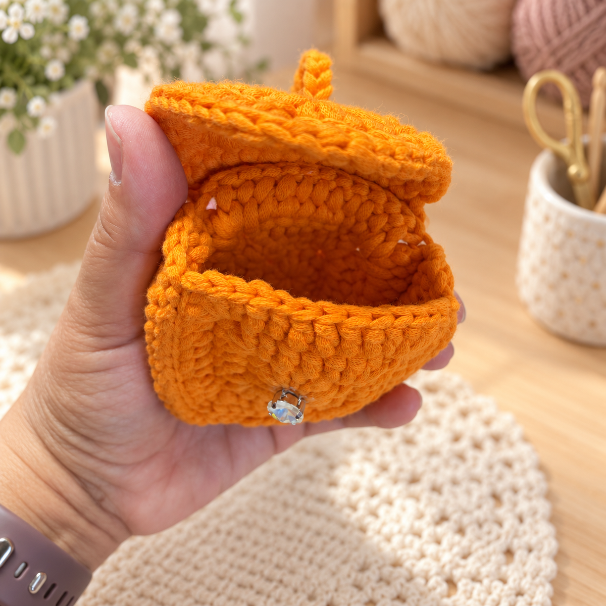 Bright orange handmade crochet mini wristlet pouch open interior