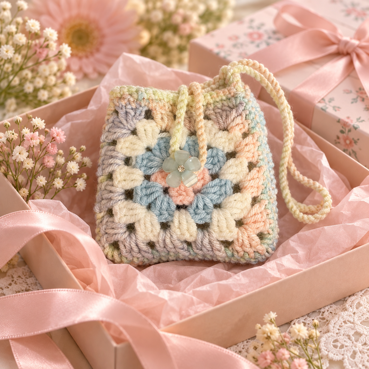 Pastel crochet pouch presented as a handmade gift