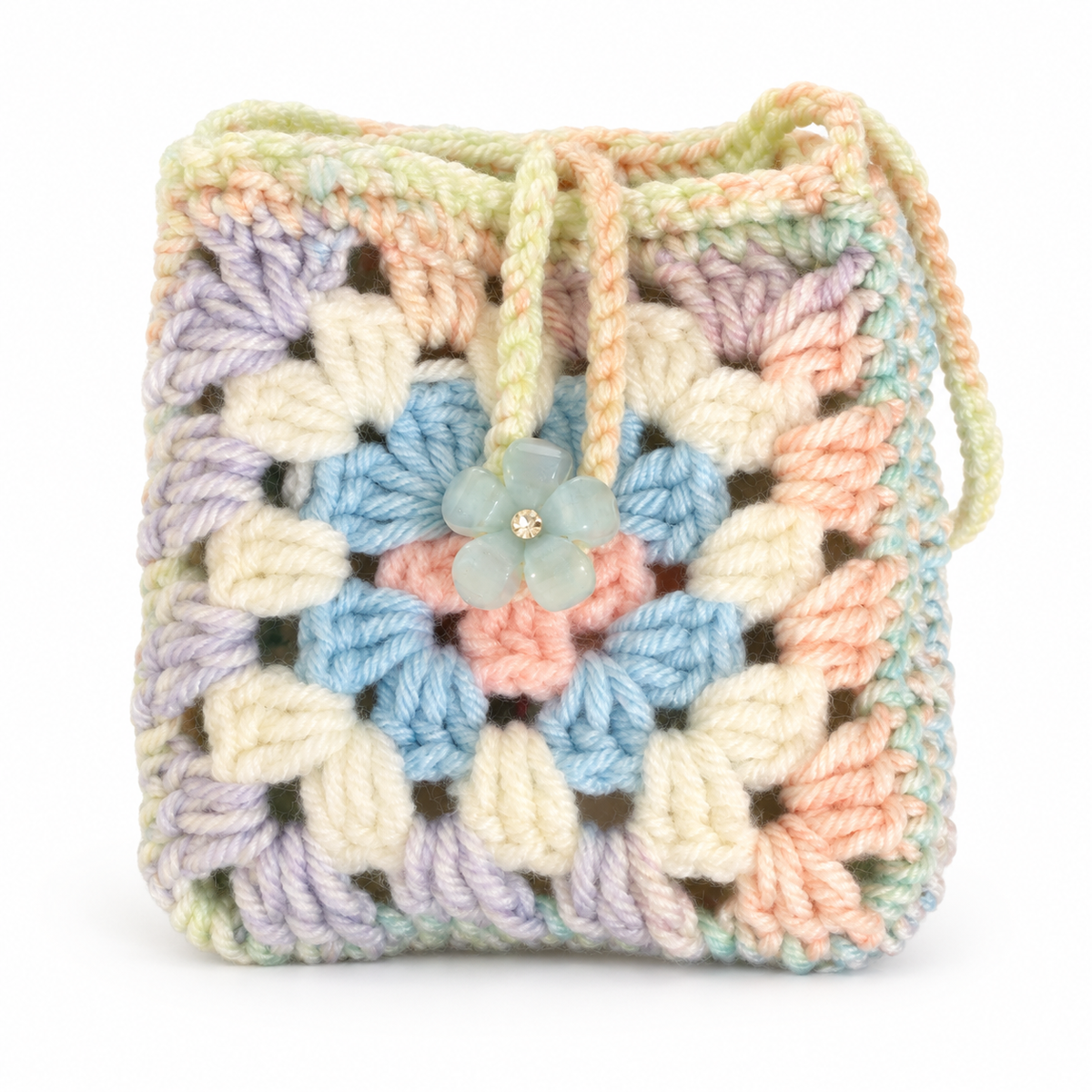 Handmade pastel granny square crochet pouch with flower button closure