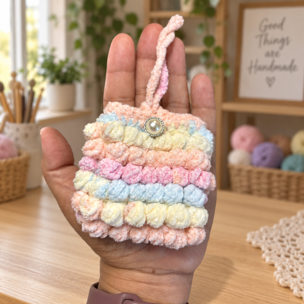 Pastel ruffle crochet mini pouch shown in hand for size reference