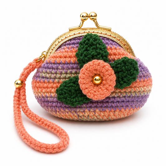 Handmade peach coral lavender crochet floral coin purse with gold kiss-lock clasp