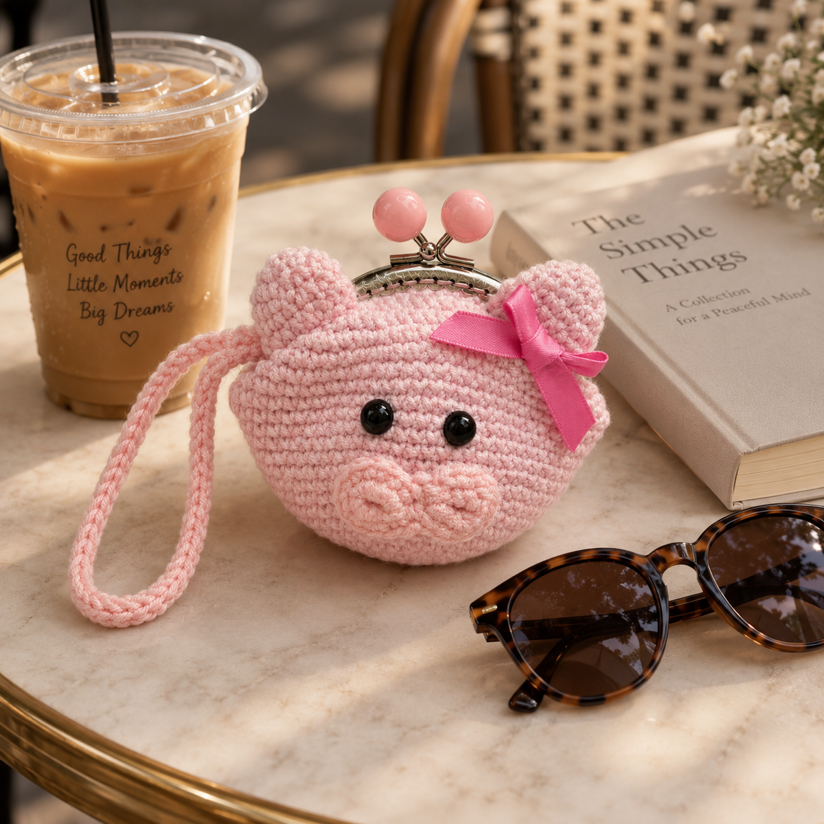 Handmade crochet pink pig coin purse on a café table