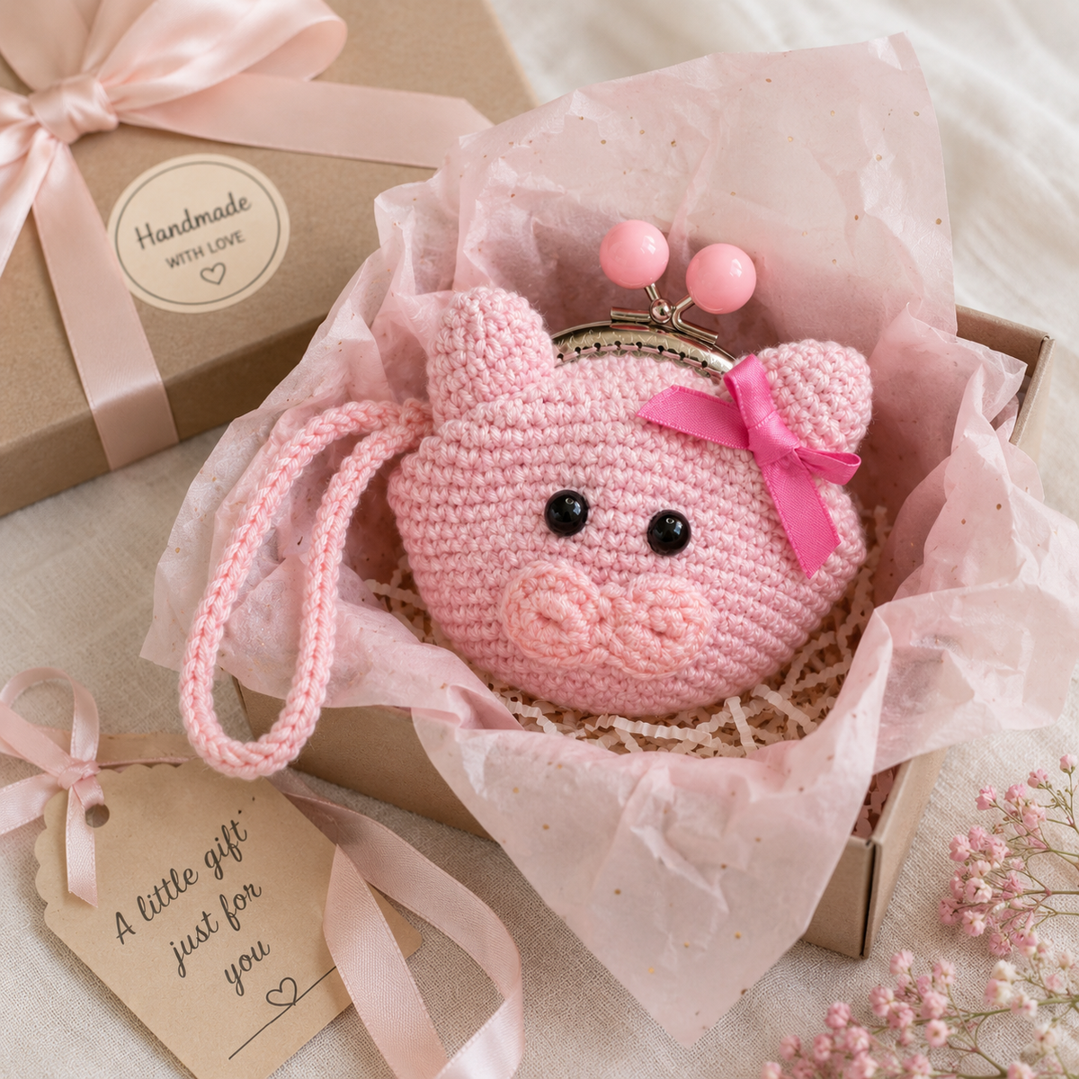 Handmade crochet pink pig coin purse presented as a gift