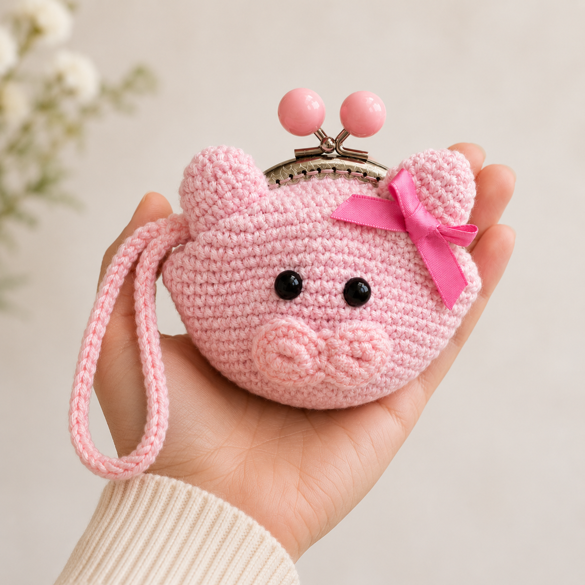 Handmade crochet pink pig coin purse held in one hand for size reference