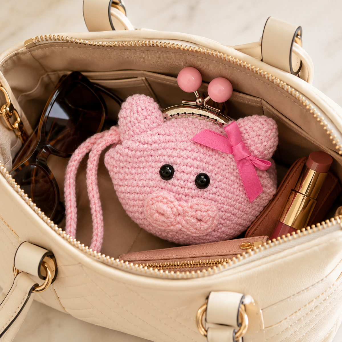 Handmade crochet pink pig coin purse inside a cream handbag