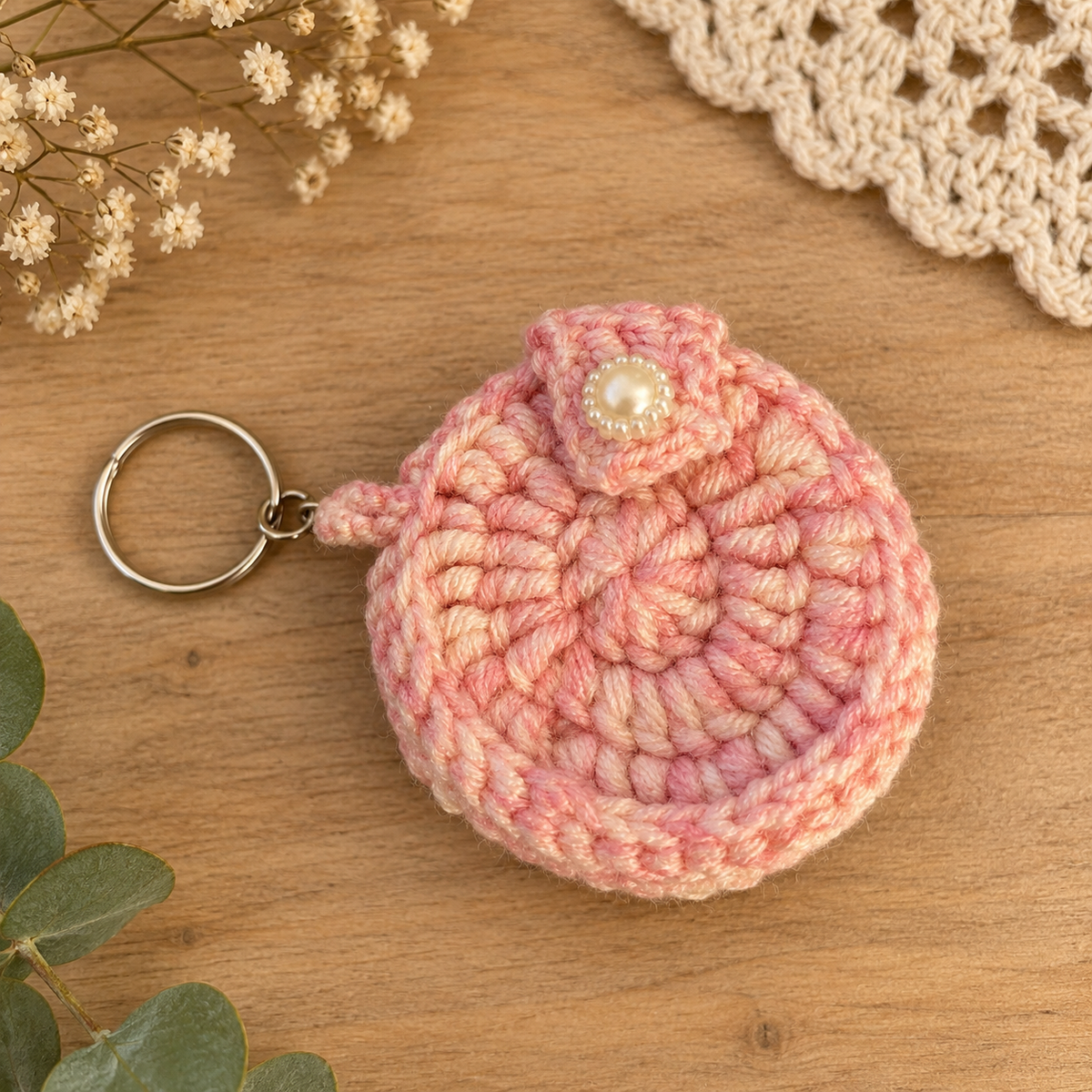Pink Blossom Crochet Coin Pouch Keychain back view