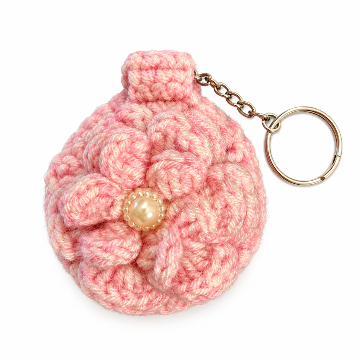 Pink Blossom Crochet Coin Pouch Keychain front view